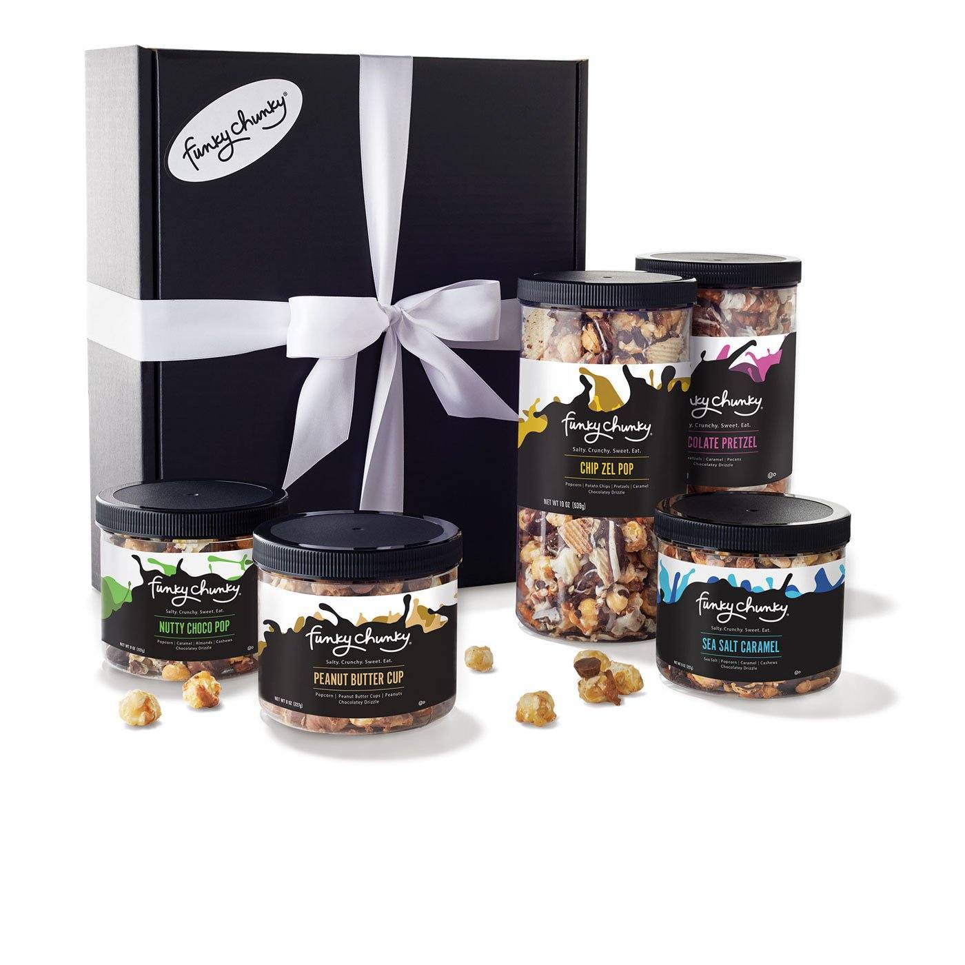 Party Gift Pack-td {border: 1px solid #ccc;}br {mso-data-placement:same-cell;} Great for all your holiday parties! Contains two tall canisters of our hottest new flavors Chip-Zel-Pop and Chocolate Pretzels Plus mini canisters of our signature flavors Peanut Butter Cup Popcorn, Chocolate Popcorn and Sea Salt Caramel Popcorn. This combination makes the perfect sweet & salty gift for everyone on your list.-Funky Chunky