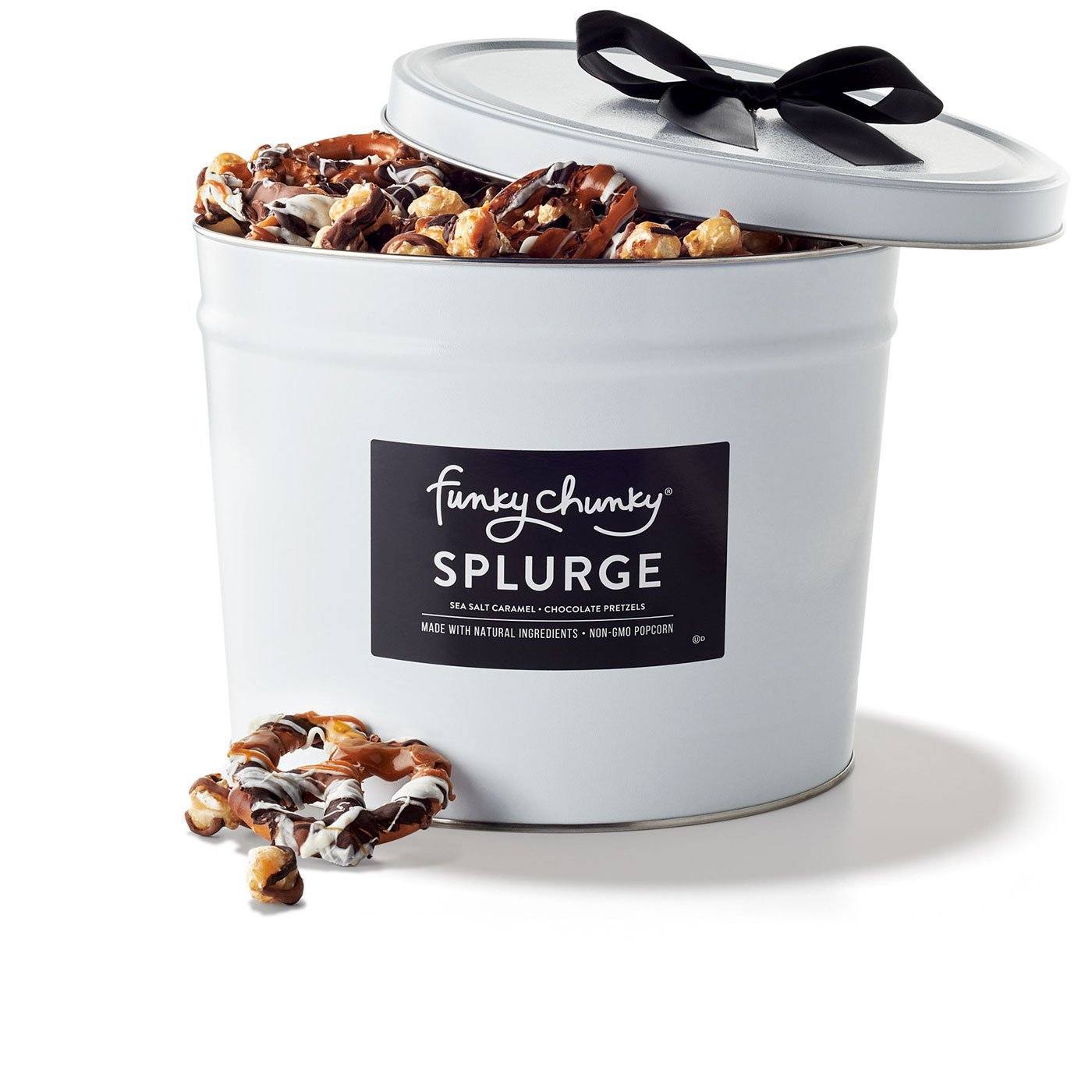 Splurge (4lb.)-Two of our most popular flavors, Sea Salt Caramel Popcorn and Chocolate Pretzels filled to the brim in a sophisticated deluxe gift tin—there’s plenty to go around for all with this “splurge” of a gift.-Funky Chunky