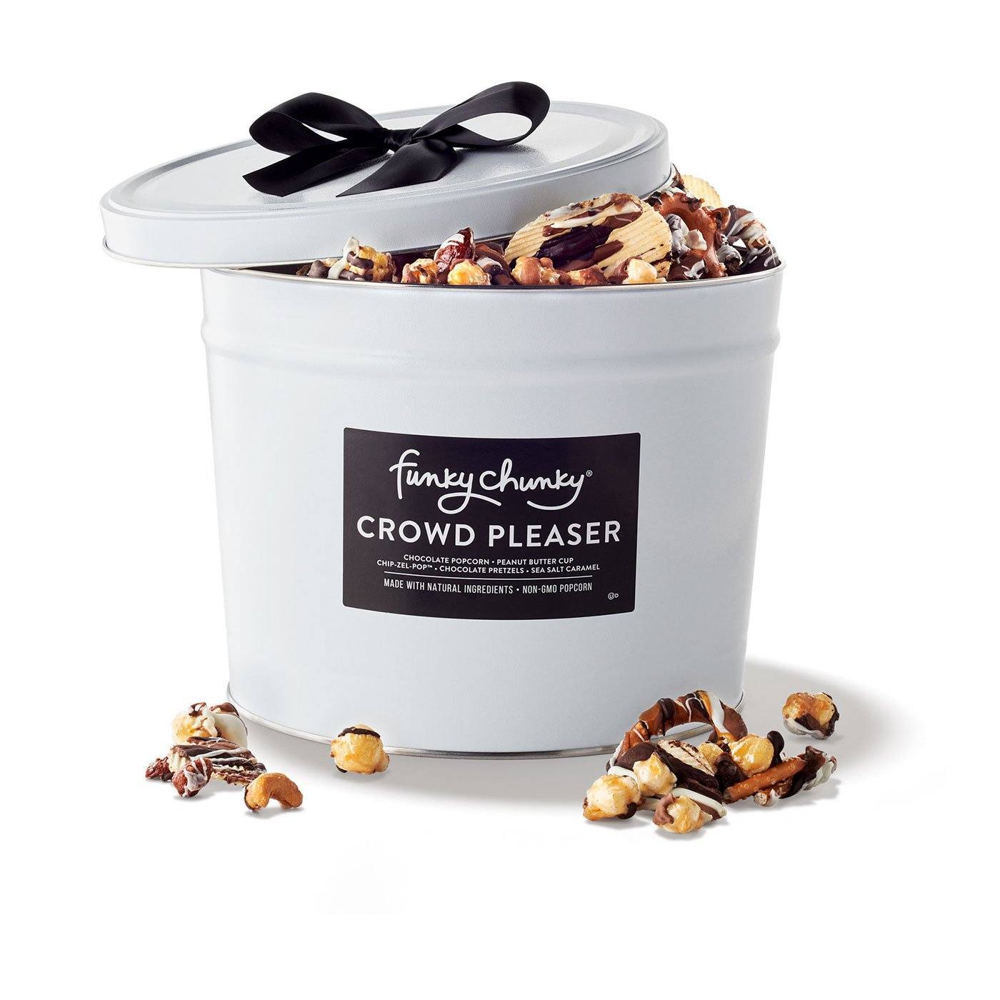 Crowd Pleaser Gift Tin 3 lb-td {border: 1px solid #ccc;}br {mso-data-placement:same-cell;} Our Crowd Pleaser Gift Tin is packed to the brim with popcorn and pretzels. It features five flavors: Nutty Choco Pop, Chocolate Pretzel, Peanut Butter Cup, Sea Salt Caramel and Chip Zel Pop. Contains five 10 oz bags.-Funky Chunky