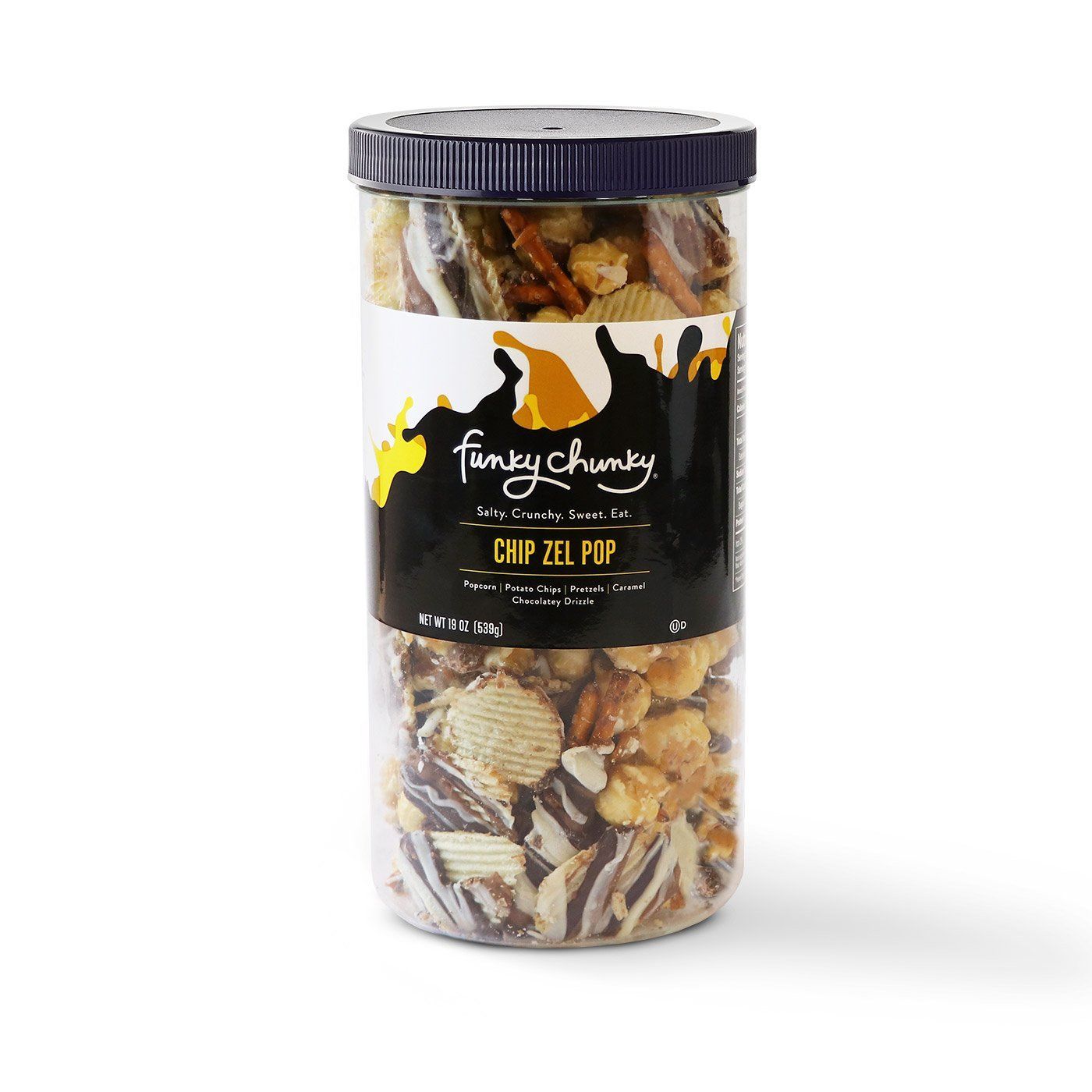 Chip Zel Pop Canister (19oz)-td {border: 1px solid #ccc;}br {mso-data-placement:same-cell;} All your cravings satisfied in one bite! Sweet and salty, chewy, crispy and crunchy, Chip Zel Pop gourmet popcorn is an incredible marriage of flavors that will keep you wanting more. Made with crisp potato chips, pretzel sticks, and buttery caramel popcorn - mixed together and drizzled with thick caramel and dark, milk and white chocolatey goodness. Contains 1 19 oz canister-Funky Chunky