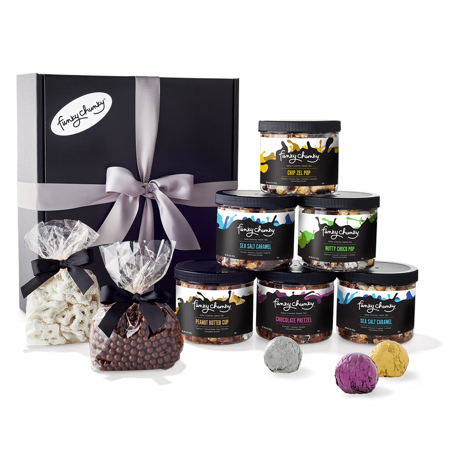 Executive Gourmet-The Executive Gourmet is a gift box filled with 6 mini canisters of Nutty Choco Pop, Chip Zel Pop, Sea Salt Caramel, Peanut Butter Cup and Chocolate Pretzel PLUS 3 one-pound bags of gourmet candy. 6 lbs.-Funky Chunky