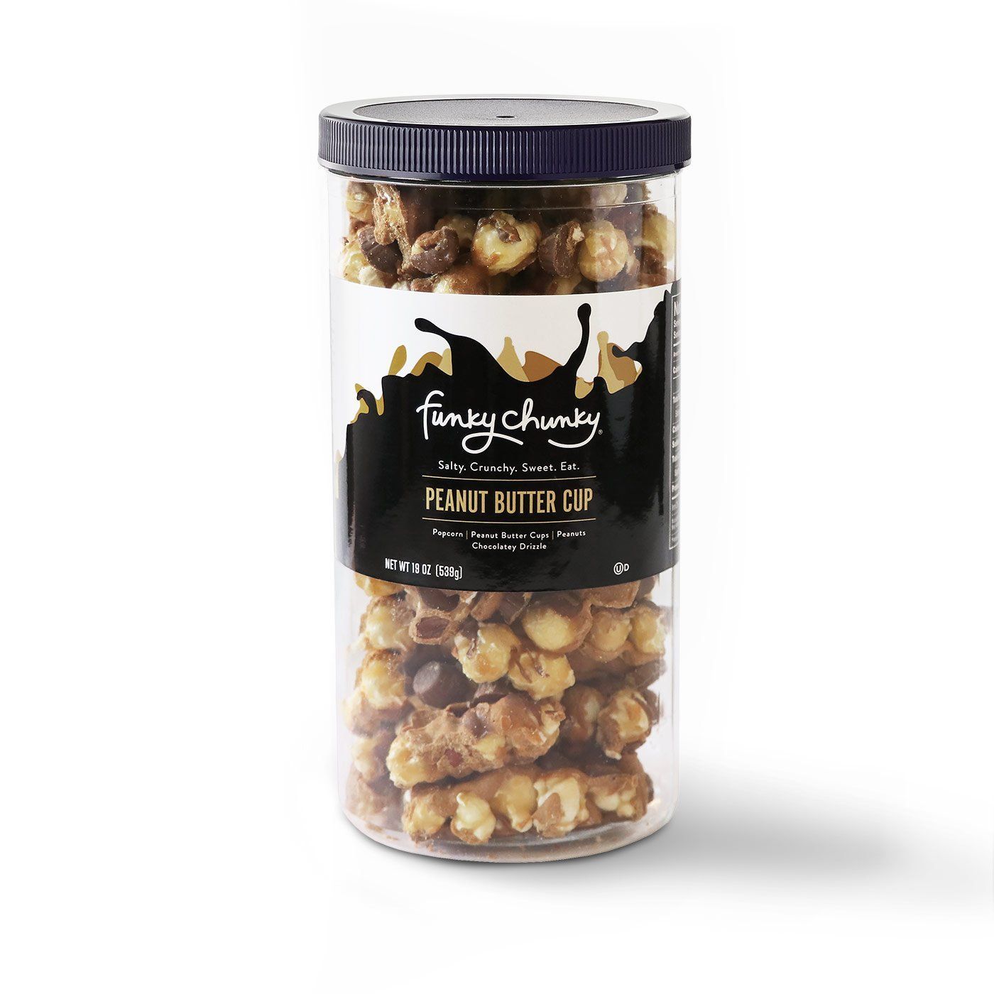 Peanut Butter Cup Tall Canister (19oz.)-td {border: 1px solid #ccc;}br {mso-data-placement:same-cell;} This gourmet popcorn confection is bursting with creamy peanut butter and milk chocolatey goodness. After drizzling our signature caramel popcorn with chocolatey goodness, we mix in whole crunchy peanuts and delicious mini peanut butter cups for over-the-top flavor explosion!-Funky Chunky
