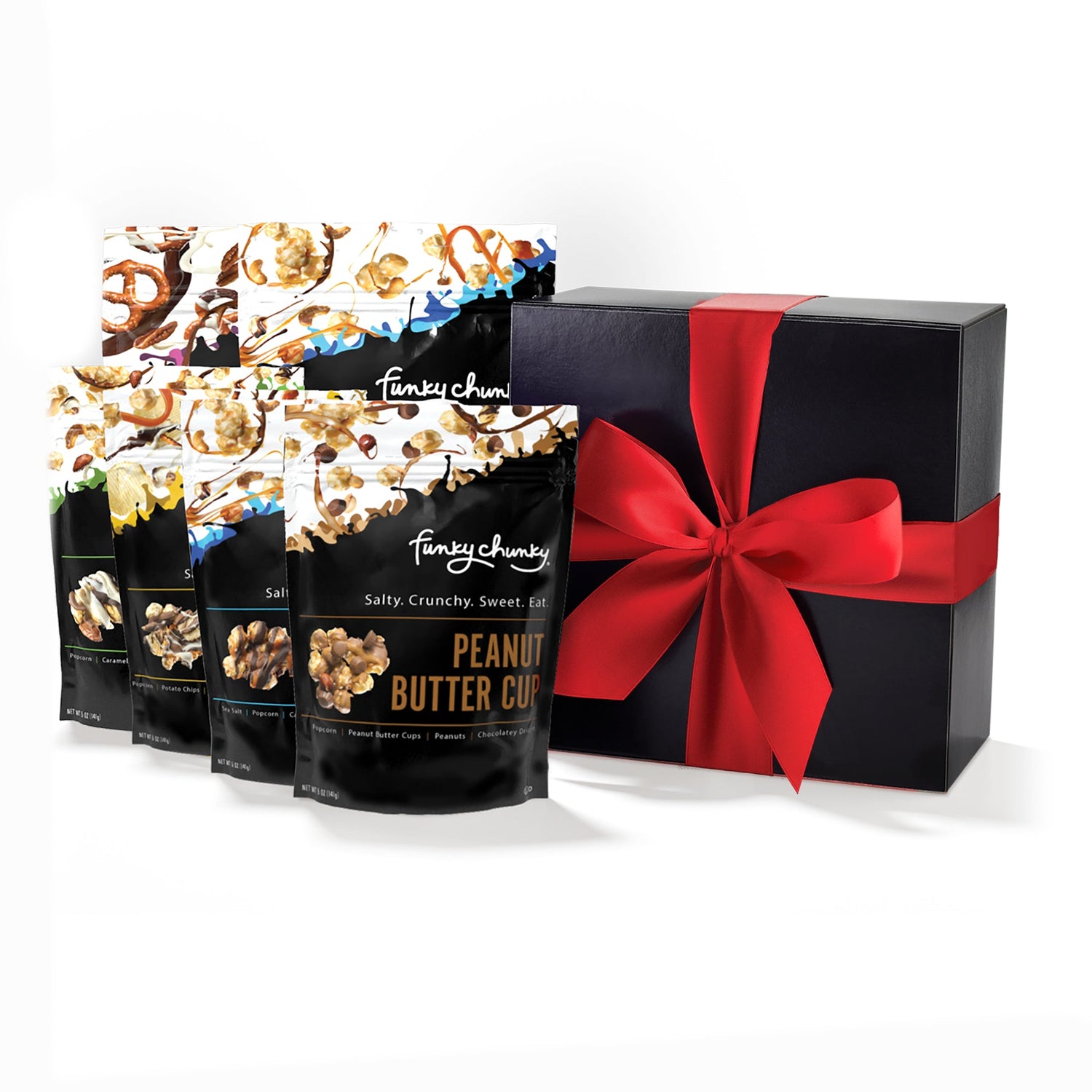 Funky Box-Our Funky Box contains 2 large bags of Chocolate Pretzel and Sea Salt Caramel, as well as 4 smaller bags of Peanut Butter Cup, Nutty Choco Pop, Sea Salt Caramel Popcorn and Chip Zel Pop. Contains two 5 oz bags and four 2 oz bags (18 oz).-Funky Chunky