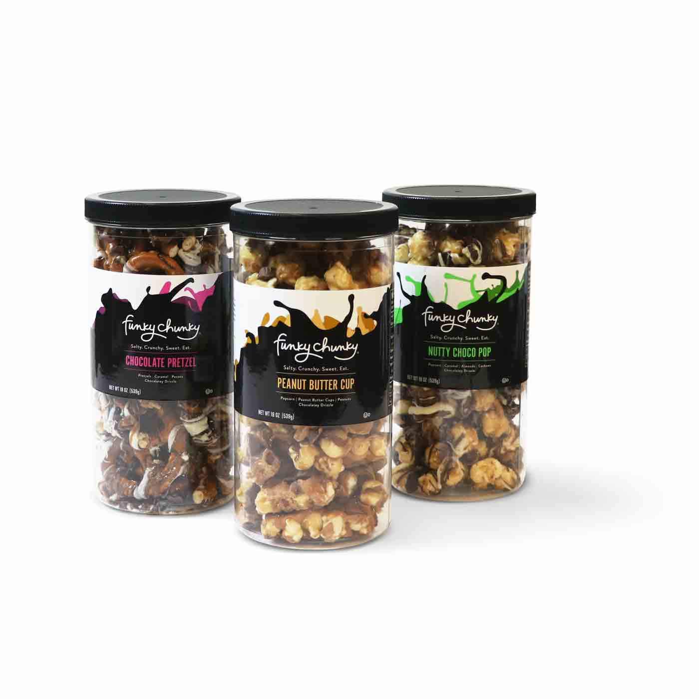 Triple Flavor Gift Pack-Three delicious flavors, three times the indulgence. Create a lasting impression with friends, family and clients alike. Artisan crafted, all flavors are made with our signature popcorn, natural and premium ingredients - real butter, sugar and vanilla. Select your favorite combination below and sit back and enjoy the BIG 