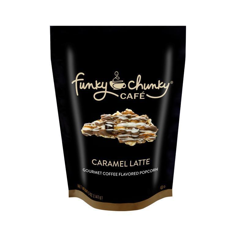 Caramel Latte-Inspired by a local coffee shop, we start with our decadent buttery caramel corn and then layer on white and milk chocolately drizzle, chewy caramel and highlight it with dark chocolate covered espresso beans. We’ve combined your coffee break and your snack break in one delicious treat.-Funky Chunky