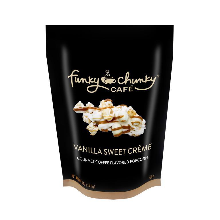 Vanilla Sweet Crème Large Bag (5oz.)-Upgrade your sweet tooth. We start with our decadent, buttery caramel popcorn and then drizzle vanilla sweet crème white chocolatey goodness, chewy caramel, and a sprinkle of white chocolate covered espresso beans.-Funky Chunky
