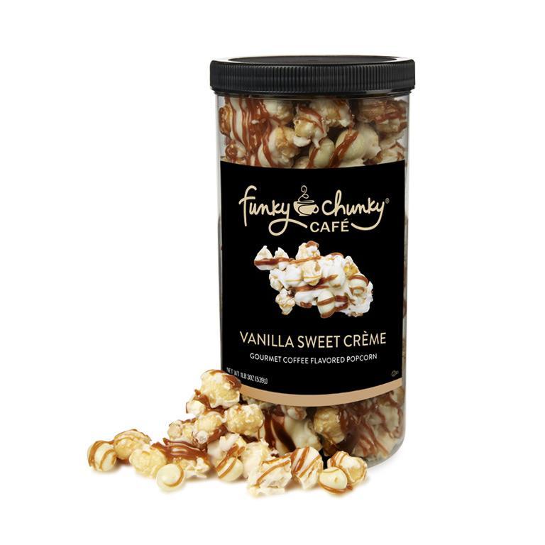 Tall Canisters (19oz.)-This tall, re-sealable canister of popcorn and pretzel mixes are our most popular size and makes a great office party favor, hostess or business gift. Each canister contains nineteen gourmet popcorn confection servings.-Funky Chunky
